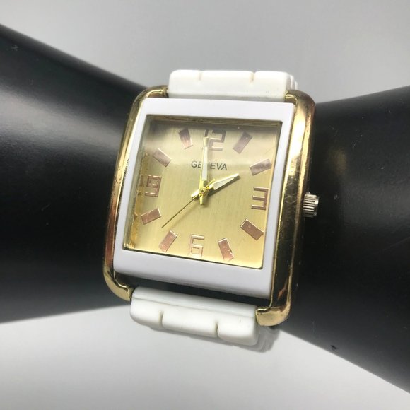 Geneva Women’s Quartz Watch with White and Gold Rectangle Dial and Silicone Band - Picture 3 of 8